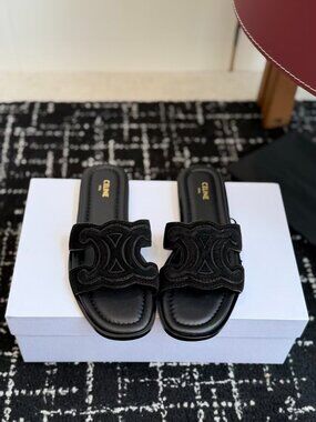 Celine Black Suede Triomphe Cutout Slide Sandals Slip On Flat Sandals